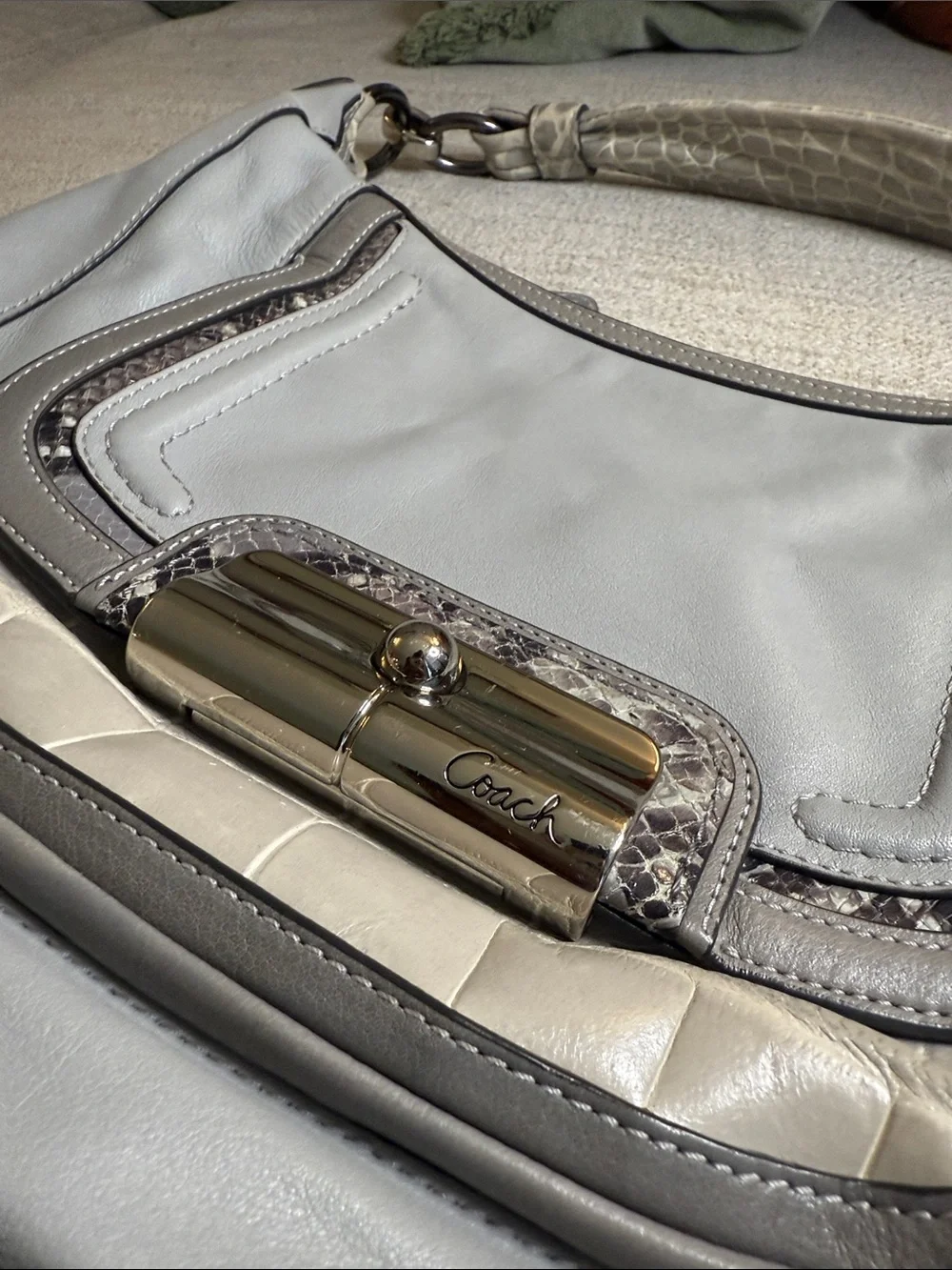 Y2K Coach Kristin Spectator Leather Hobo Bag - Grey, Python Snakeskin Trim